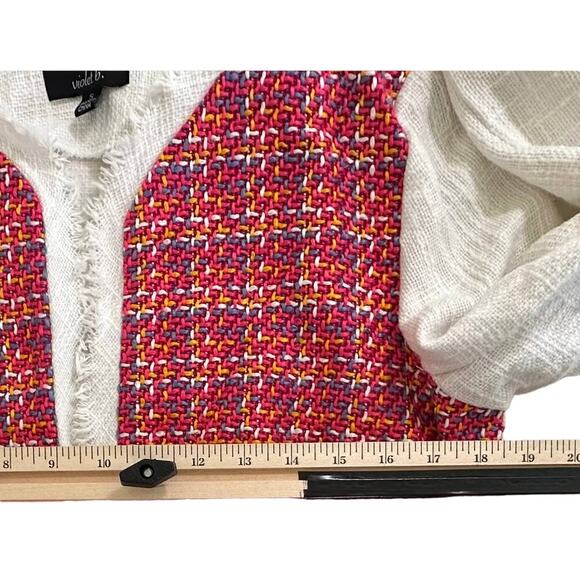 Violet B Womens Jacket Small White Hopsack Fringe Multi Crochet Hook Eye Closure - Picture 7 of 8